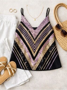 VENUS Purple and Black Sequin V-Neck Cami